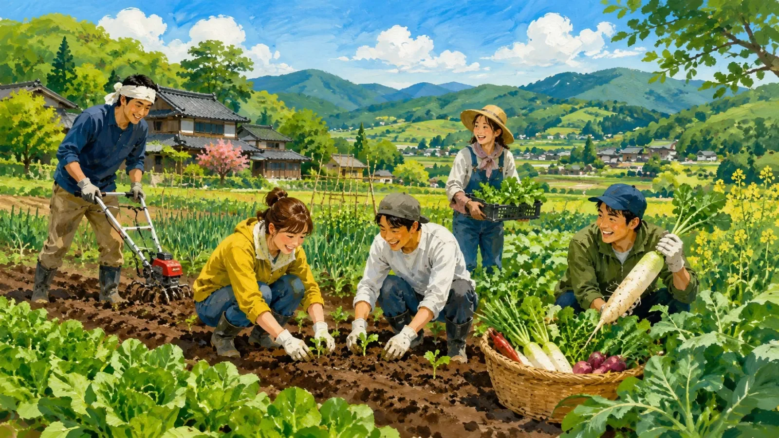 畑で並んで苗を植える人たち（イラスト）。