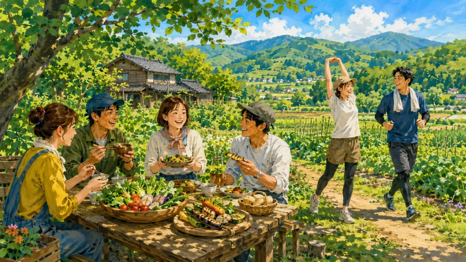 畑のそばで食卓を囲む人たち（イラスト）。